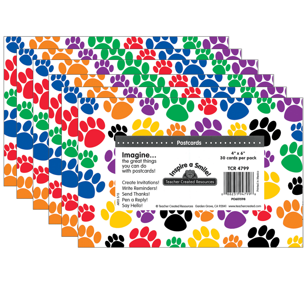 Teacher Created Resources Colorful Paw Prints Postcards, 30 Per Pack, Set Of 6 Packs MPN:TCR4799-6
