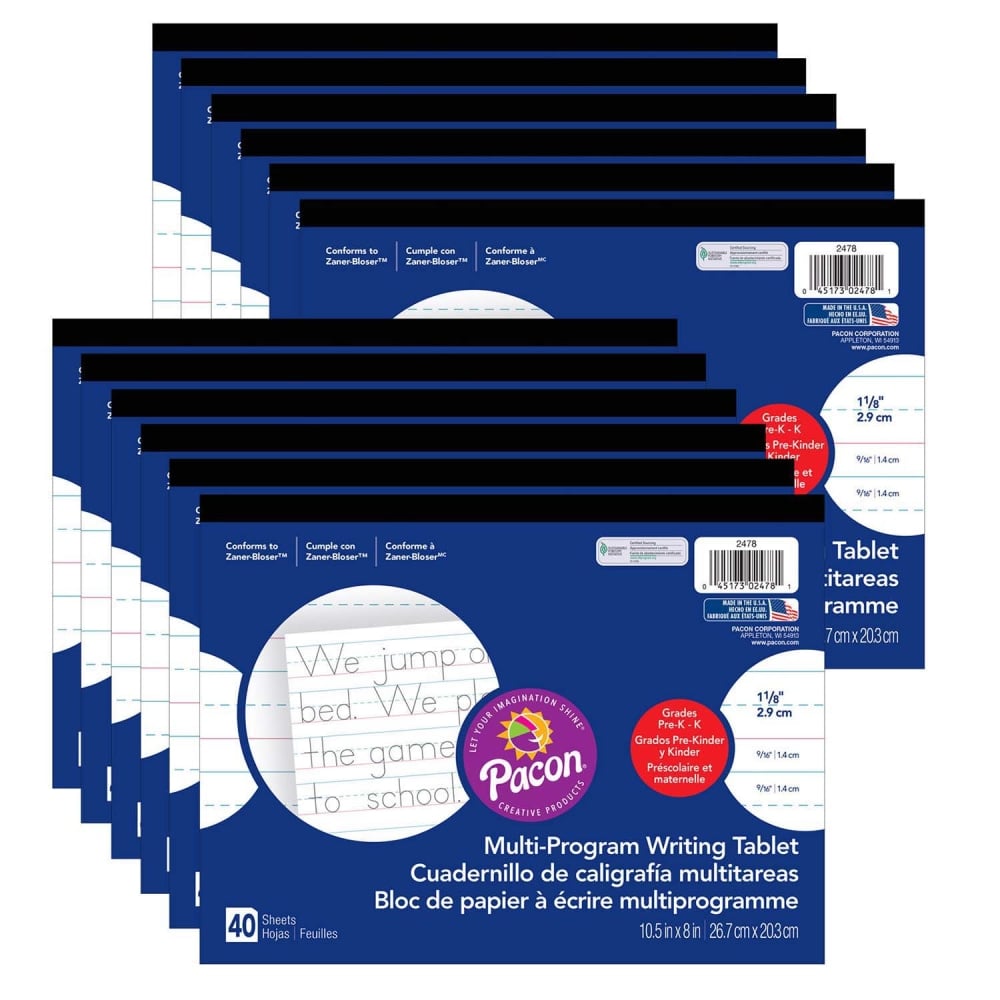 Pacon Multi-Program Handwriting Tablets, 10-1/2in x 8in, White, 40 Sheets Per Tablet, Set Of 12 Tablets MPN:PAC2478-12