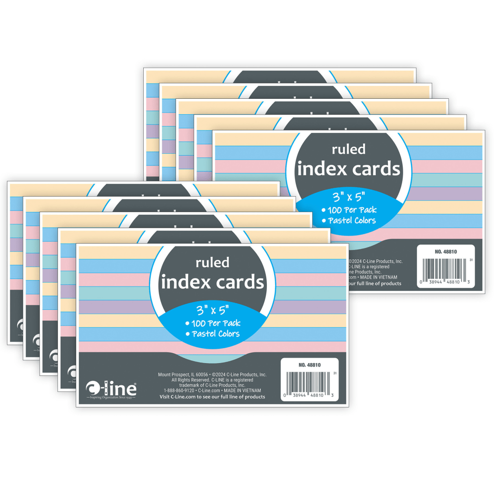 C-Line Index Cards, 3in x 5in, Assorted Colors, Ruled, 100 Per Pack, Set Of 10 Packs MPN:CLI48810-10