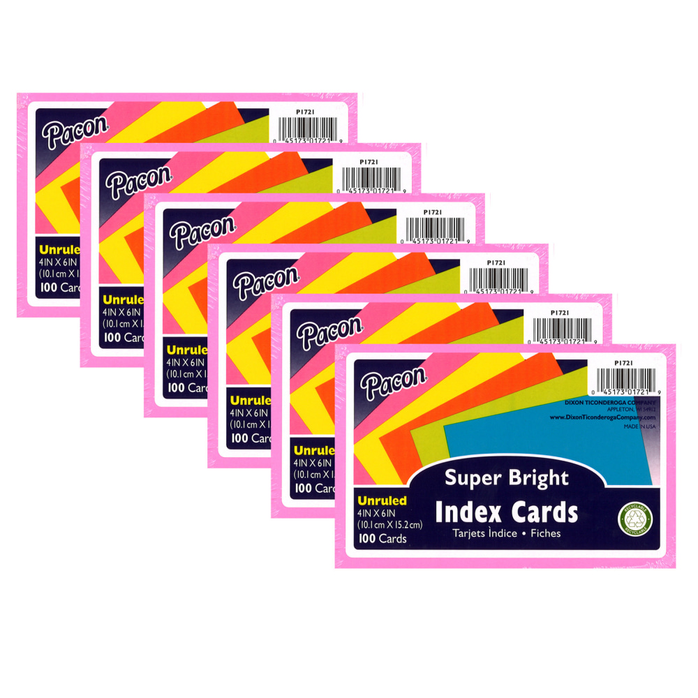 Pacon Index Cards, 5 Super Bright Assorted Colors, Unruled, 4in x 6in, 100 Cards Per Pack, Set Of 6 Packs MPN:PAC1721-6