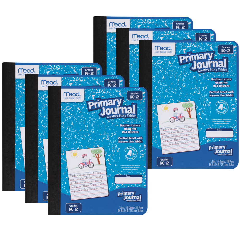 Mead Primary Journals, 7-1/2in x 9-1/2in, Half Page Ruled, 100 Sheets, Blue, Pack Of 6 Journals MPN:MEA09554-6