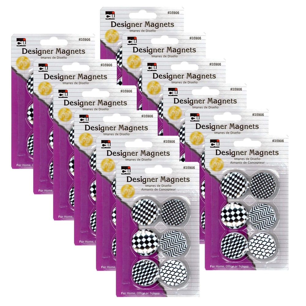 Charles Leonard Designer Button Style Magnets, 1-1/2in x 1-1/4in, Assorted Colors, 6 Magnets Per Pack, Set Of 12 Packs MPN:CHL35906-12