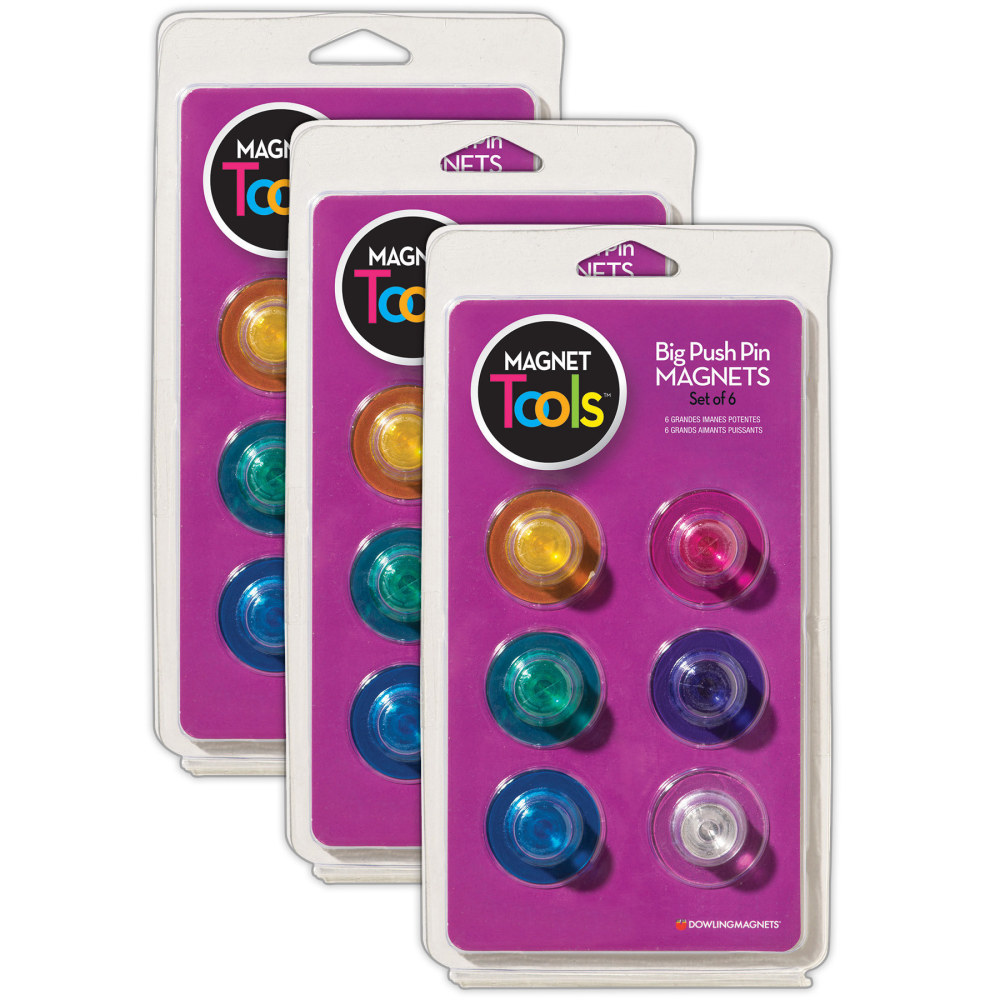 Dowling Magnets Magnet Tools Big Push Pin Magnets, 6 Magnets Per Pack, Set Of 3 Packs MPN:DO-735021-3