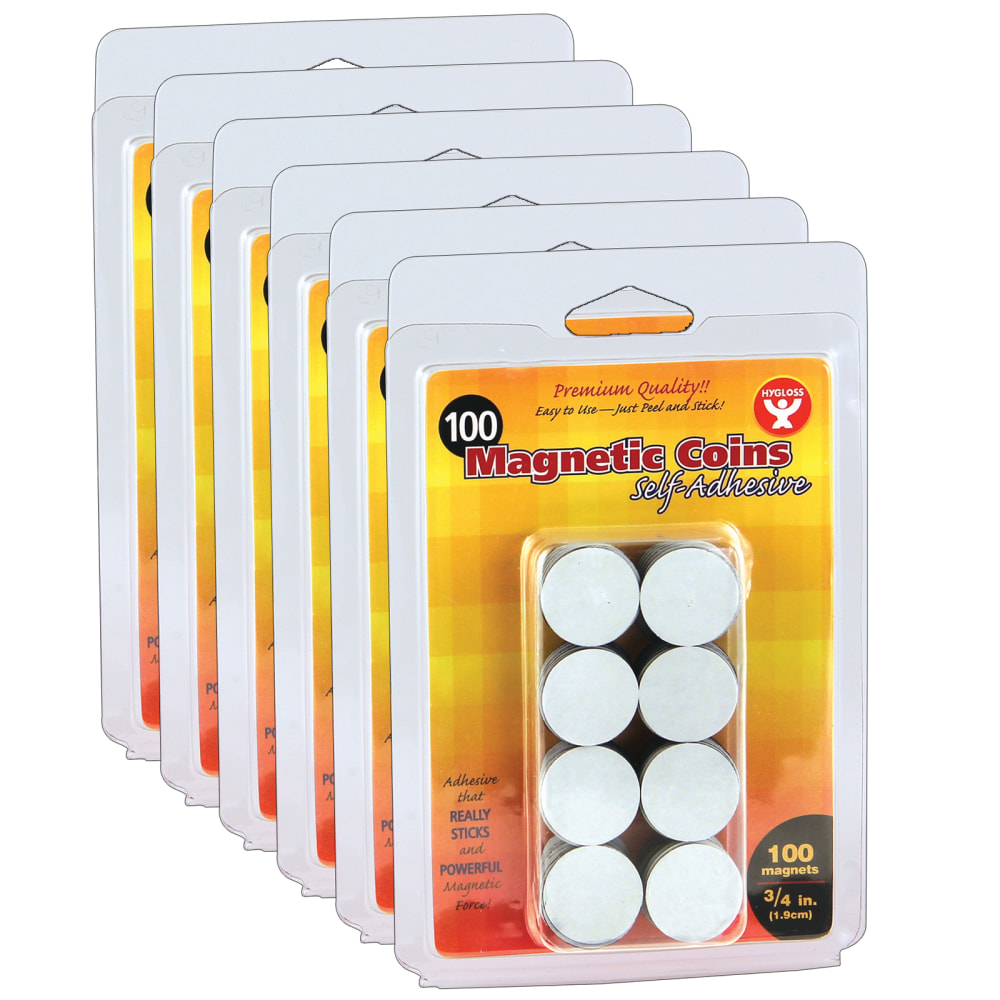 Hygloss Self-Adhesive Magnetic Coins, 3/4in x 3/4in, Black, 100 Coins Per Pack, Set Of 6 Packs MPN:HYG61400-6