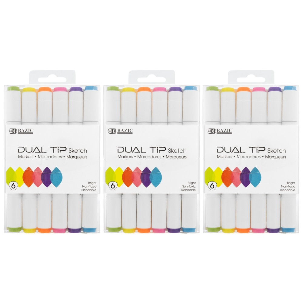 BAZIC Products Dual Tip Sketch Markers, Fluorescent Colors, 6 Per Pack, Set Of 3 Packs MPN:BAZ1230-3