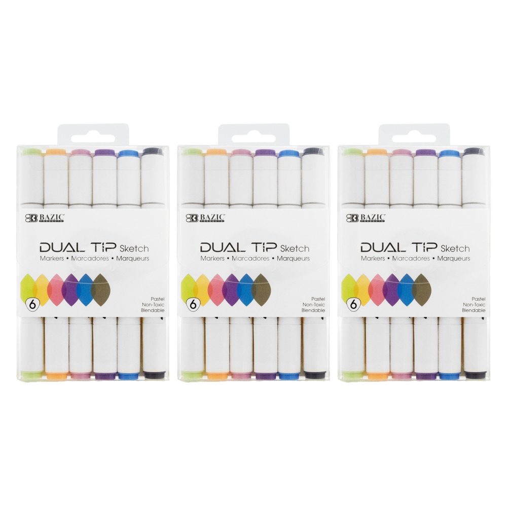 BAZIC Products Dual Tip Sketch Markers, Pastel Colors, 6 Per Pack, Set Of 3 Packs MPN:BAZ1231-3