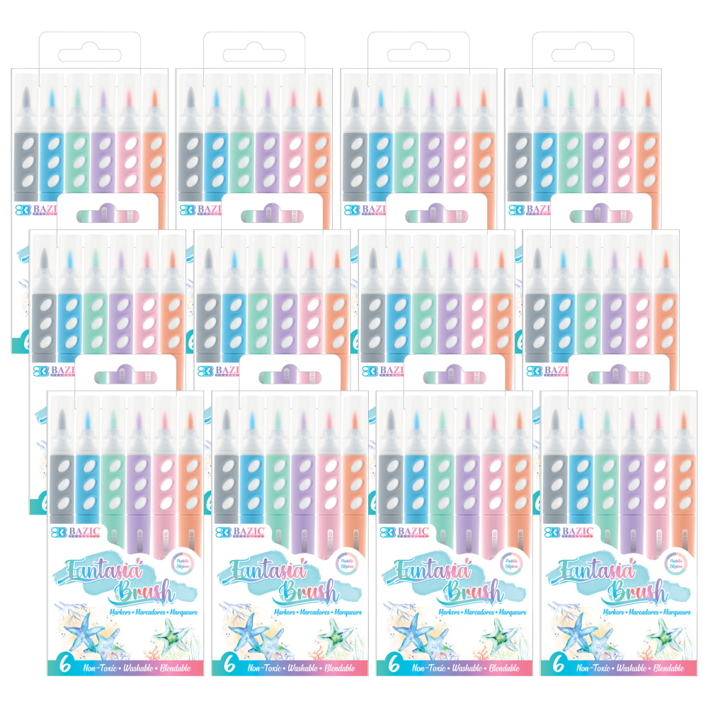BAZIC Products Brush Markers, Pastel Colors, 6 Per Pack, Set Of 12 Packs MPN:BAZ1267-12