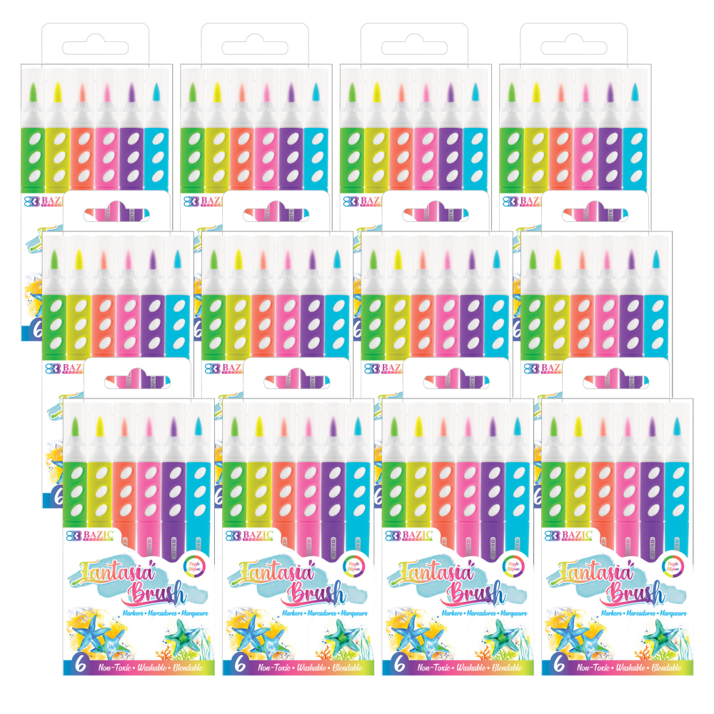 BAZIC Products Brush Markers, Fluorescent Colors, 6 Per Pack, Set Of 12 Packs MPN:BAZ1268-12