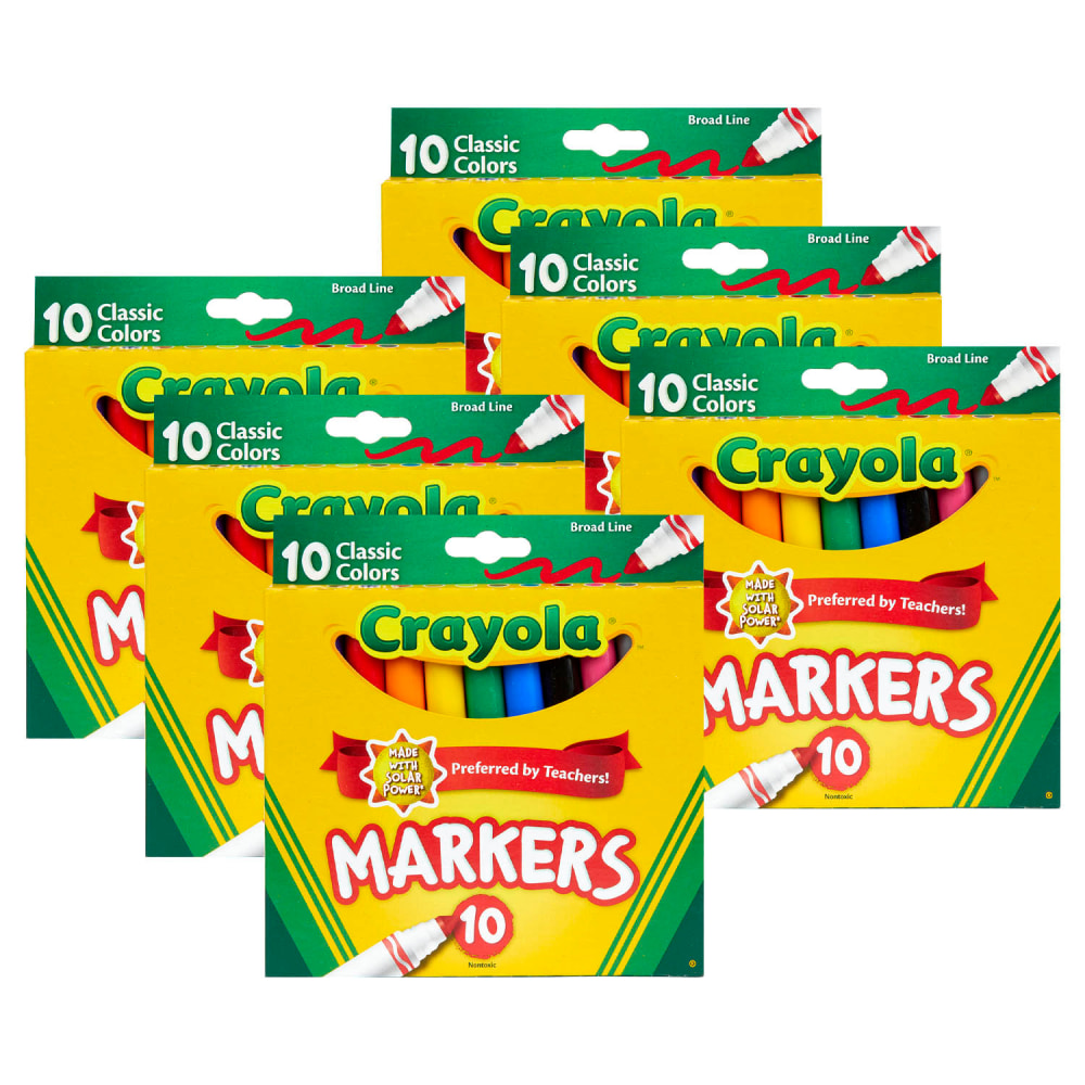 Crayola Broad Line Markers, Pack Of 6 Boxes, Broad Tips, Classic Colors, 10 Markers Per Box MPN:BIN587722-6