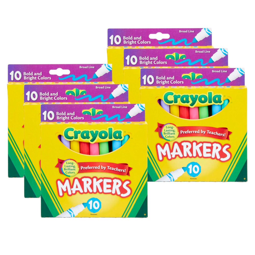 Crayola Broad Line Markers, Pack Of 6 Boxes, Broad Tips, Bold & Bright Colors, 10 Markers Per Box MPN:BIN587725-6