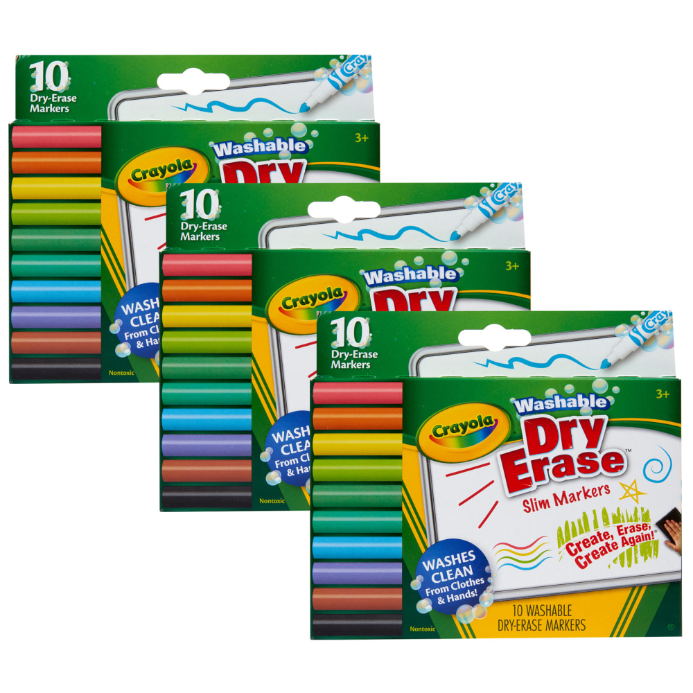 Crayola Washable Slim Dry-Erase Markers, Fine Tip, Assorted Colors, Pack Of 10 Markers, Set Of 3 Packs MPN:BIN587734-3
