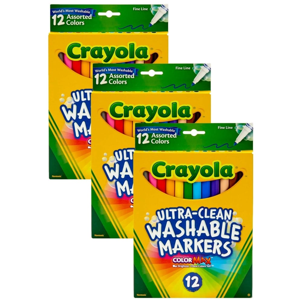 Crayola Ultra-Clean Markers, Pack Of 3 Boxes, Fine Line, Assorted Colors, 12 Markers Per Box MPN:BIN587813-3