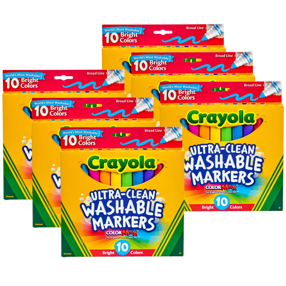 Crayola Ultra-Clean Markers, Broad Tip, Assorted Colors, 10 Markers Per Pack, Set Of 6 Packs MPN:BIN587855-6