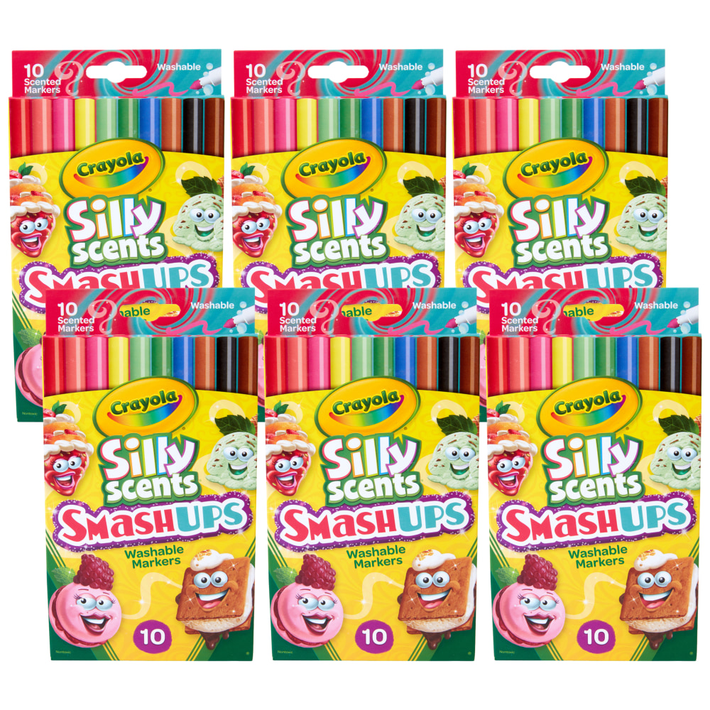 Crayola Silly Scents Smash Ups Washable Scented Markers, 60 Markers, Fine Point, Assorted Colors, 10 Markers Per Pack, Set Of 6 Packs MPN:BIN588275-6