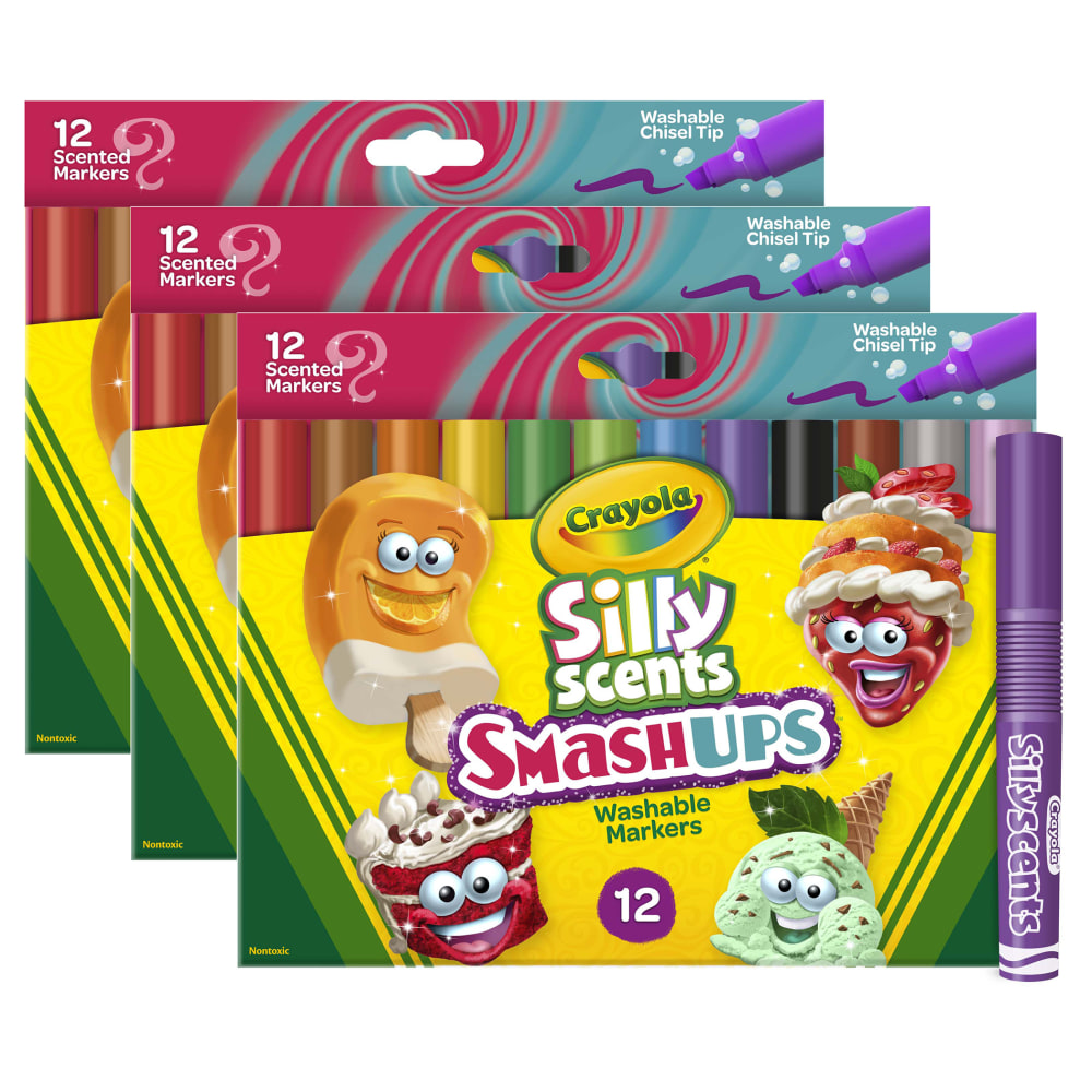 Crayola Silly Scents Smash Ups Washable Scented Markers, 36 Markers, Wedge Tip, Assorted Colors, 12 Markers Per Pack, Set Of 3 Packs MPN:BIN588279-3