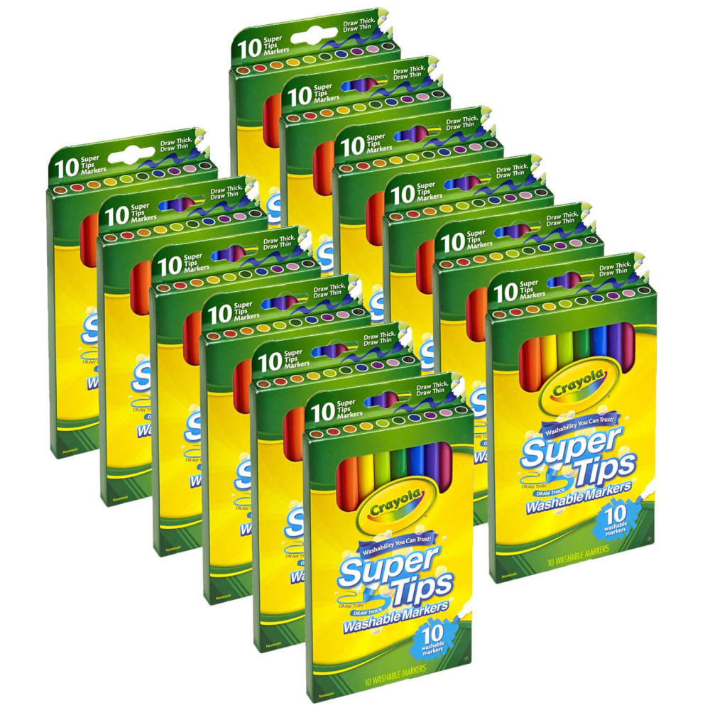 Crayola Washable Super Tips Markers, Conical, Assorted Colors, Pack Of 10 Markers, Set Of 12 Packs MPN:BIN588610-12