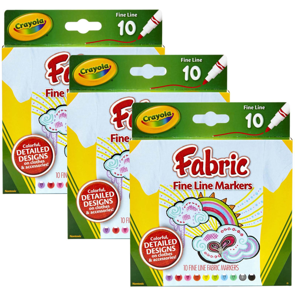Crayola Fine Line Fabric Markers, Assorted Colors, 10 Markers Per Box, Set Of 3 Boxes MPN:BIN588626-3