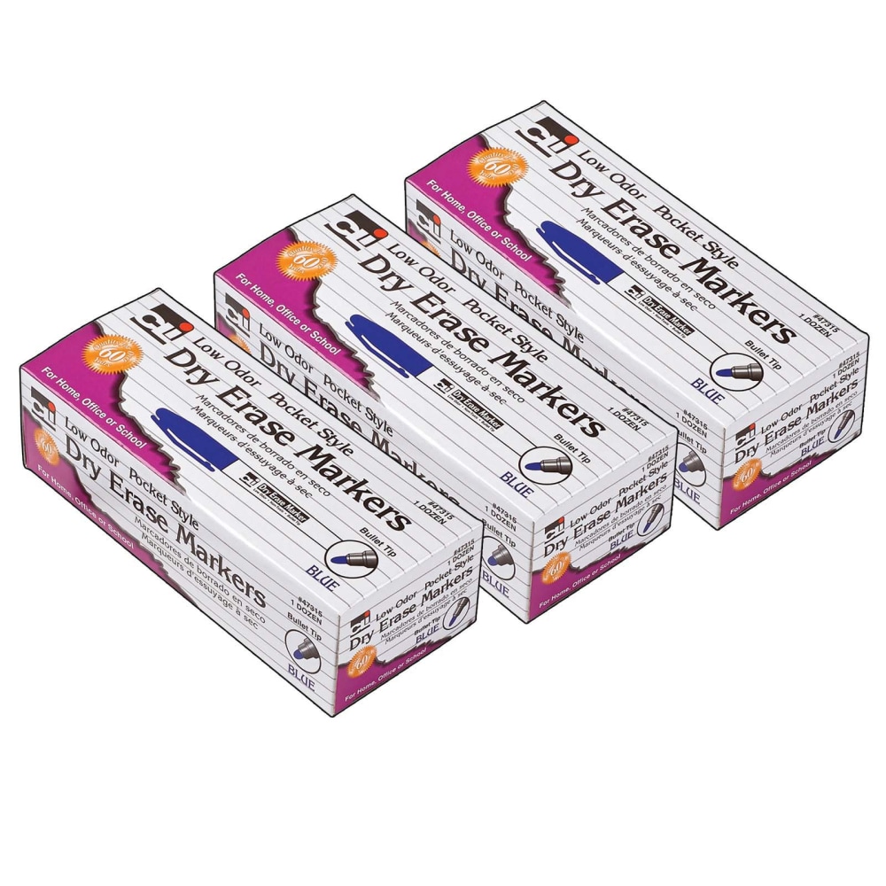 Charles Leonard Dry-Erase Markers, 12 Markers Per Box, Pack Of 3 Boxes, Bullet Tip, Blue, 36 Markers MPN:CHL47315-3