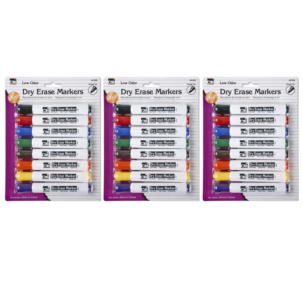 Charles Leonard Dry-Erase Markers, 8 Markers Per Pack, Set Of 3 Packs, Chisel Tip, Assorted Colors, 24 Markers MPN:CHL47828-3