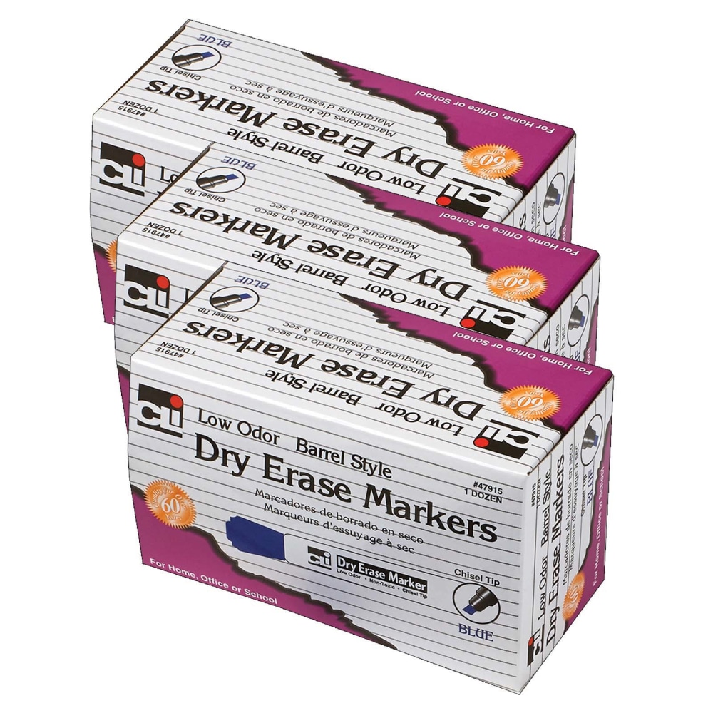 Charles Leonard Dry-Erase Markers, 12 Markers Per Pack, Set Of 3 Packs, Chisel Tip, Blue, 36 Markers MPN:CHL47915-3