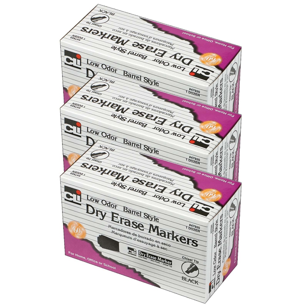 Charles Leonard Dry-Erase Markers, 12 Markers Per Pack, Set Of 3 Packs, Chisel Tip, Black, 36 Markers MPN:CHL47920-3