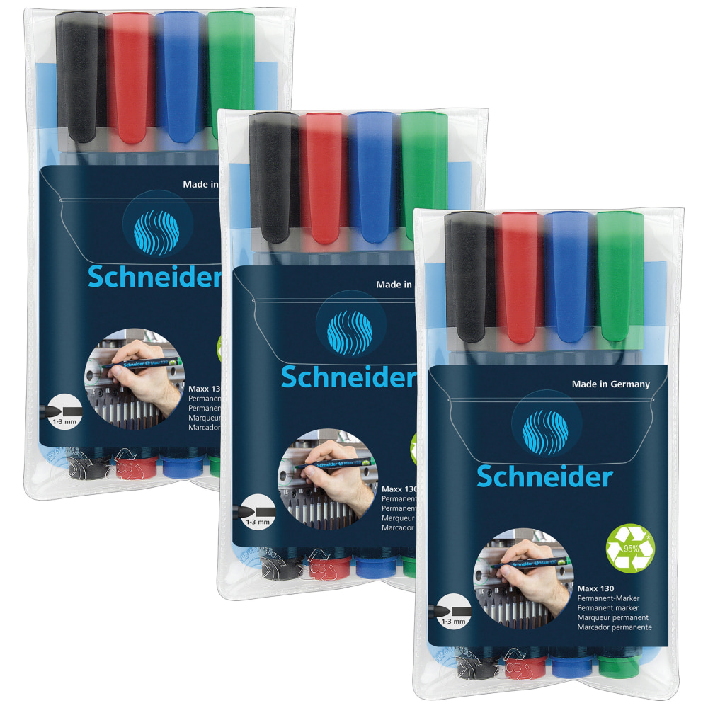 Schneider Maxx 130 Permanent Markers, Assorted Colors, 4 Per Pack, Set Of 3 Packs MPN:PSY113094-3