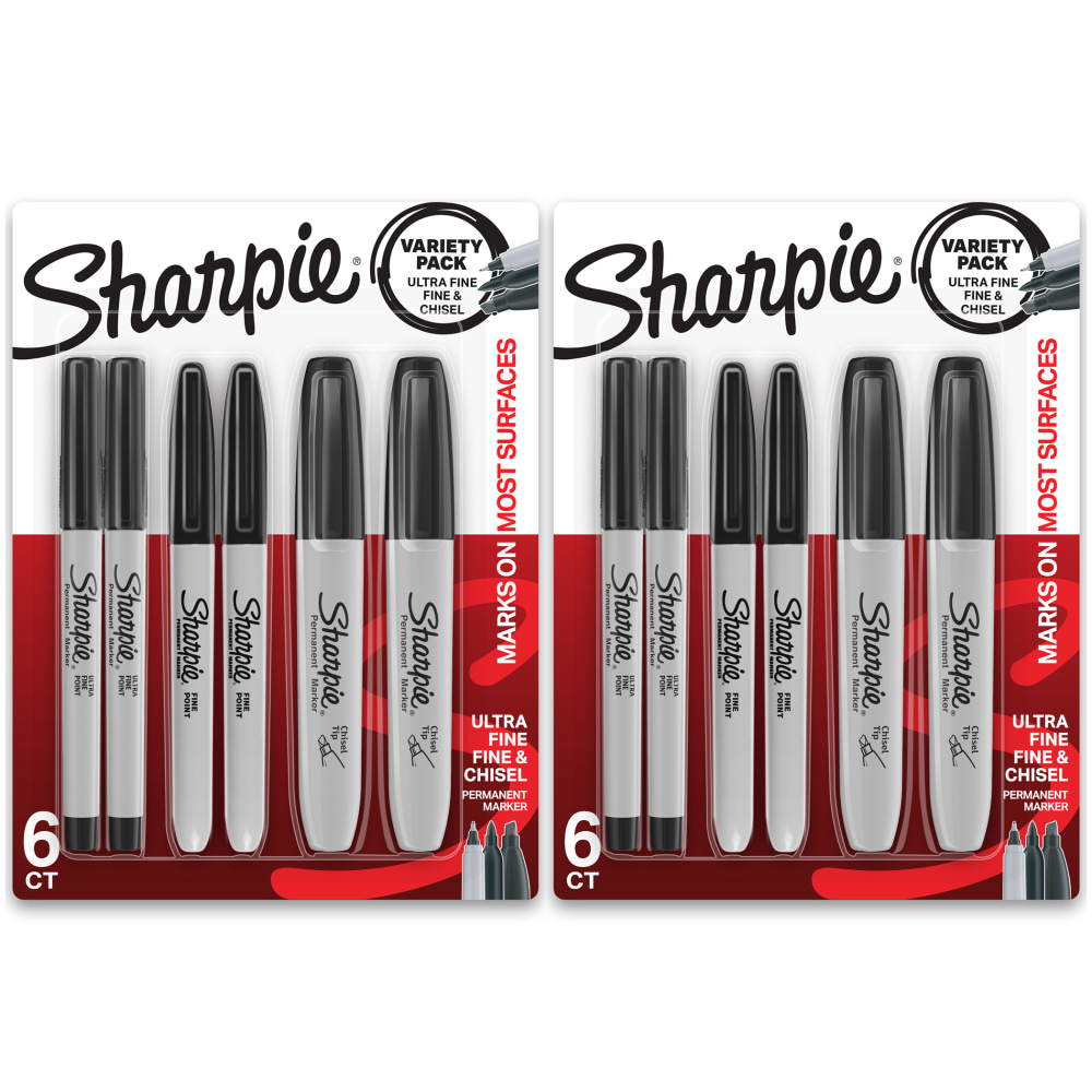 Sharpie Permanent Markers Variety Pack, Fine/Ultra-Fine/Chisel Point, Black, Pack Of 6 Markers, Set Of 2 Packs MPN:SAN2135318-2