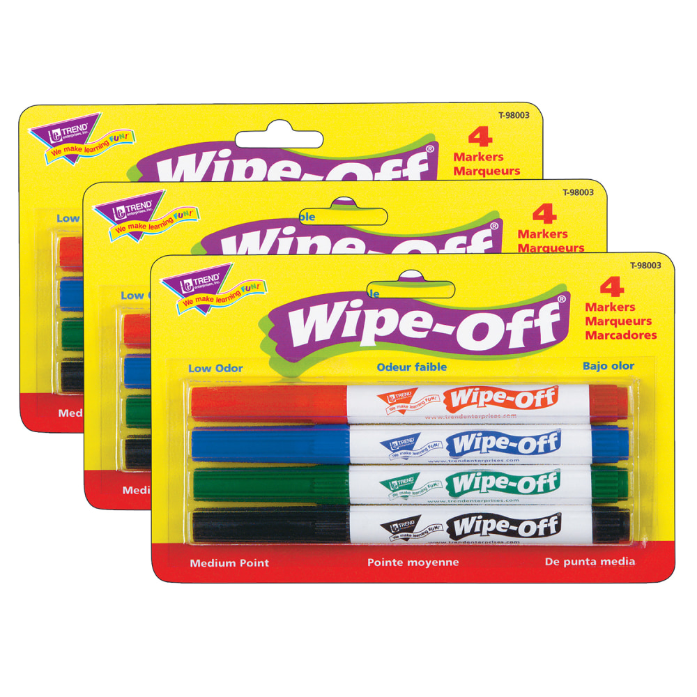 TREND Wipe-Off Markers, 4 Markers Per Pack, Set Of 3 Packs, Medium Point, Assorted Colors, 12 Markers MPN:T-98003-3