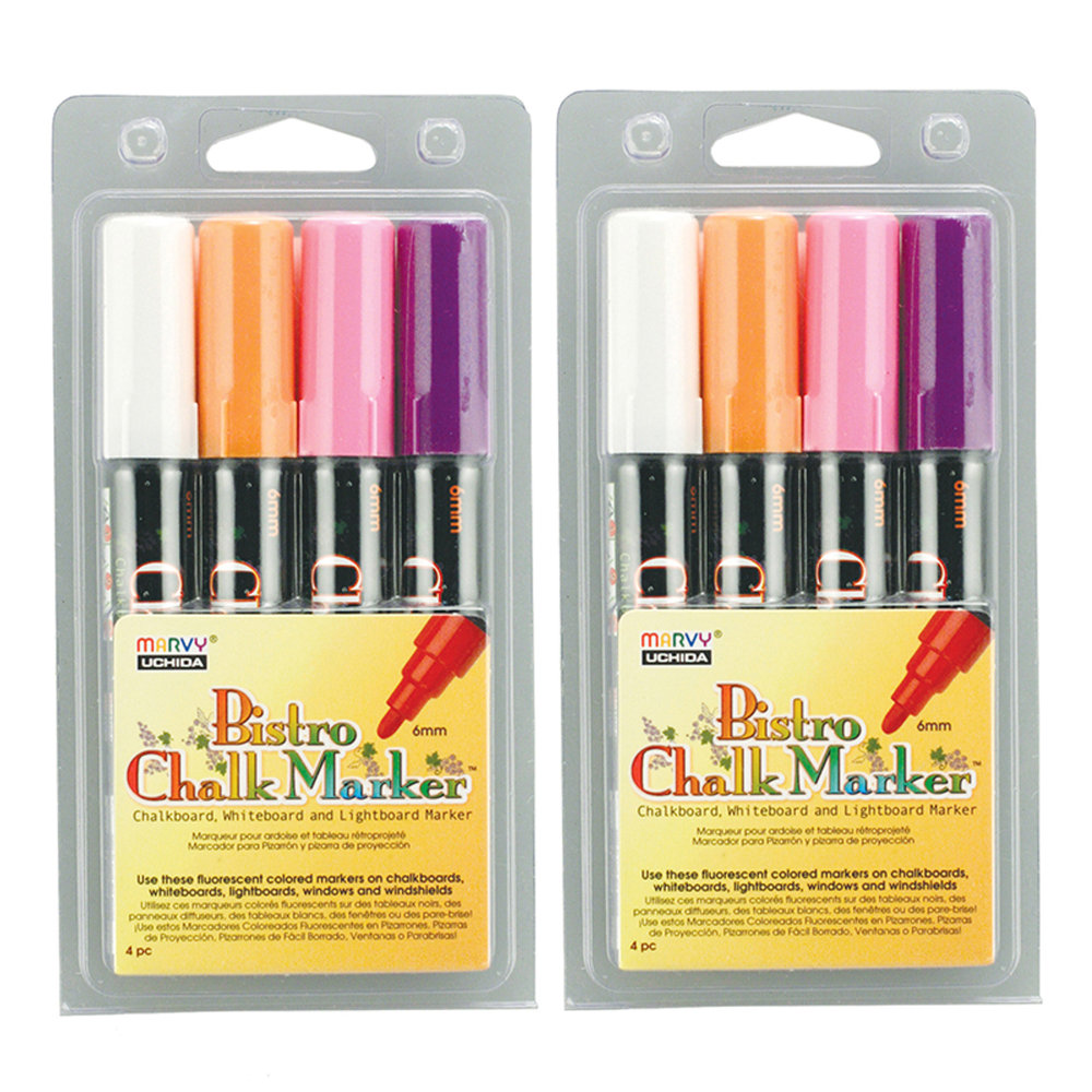 Marvy Uchida Bistro Chalk Markers, Broad Point, 6mm, Black Barrels, Fluorescent Inks, Set Of 8 Markers MPN:UCH4804B-2