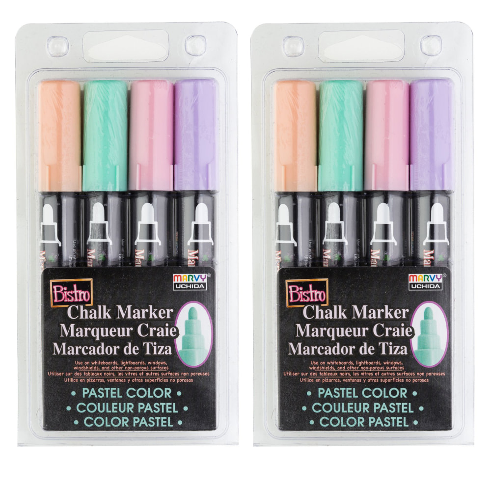 Marvy Uchida Bistro Chalk Markers, 8 Markers Total, Broad Tip, Pastel Colors, 4 Markers Per Pack, Set Of 2 Packs MPN:UCH4804P-2