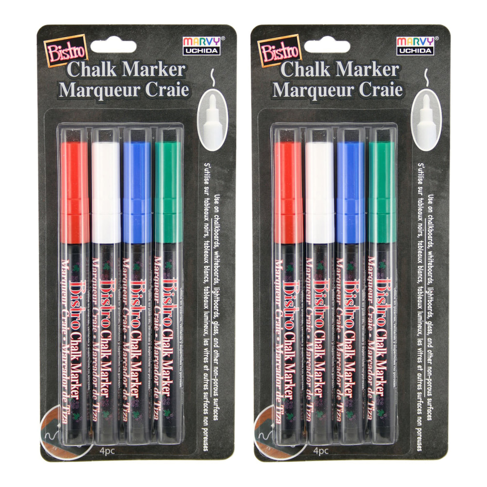 Marvy Uchida Bistro Chalk Markers, 8 Markers Total, Fine Tip, Assorted Colors, 4 Markers Per Pack, Set Of 2 Packs MPN:UCH4824E-2