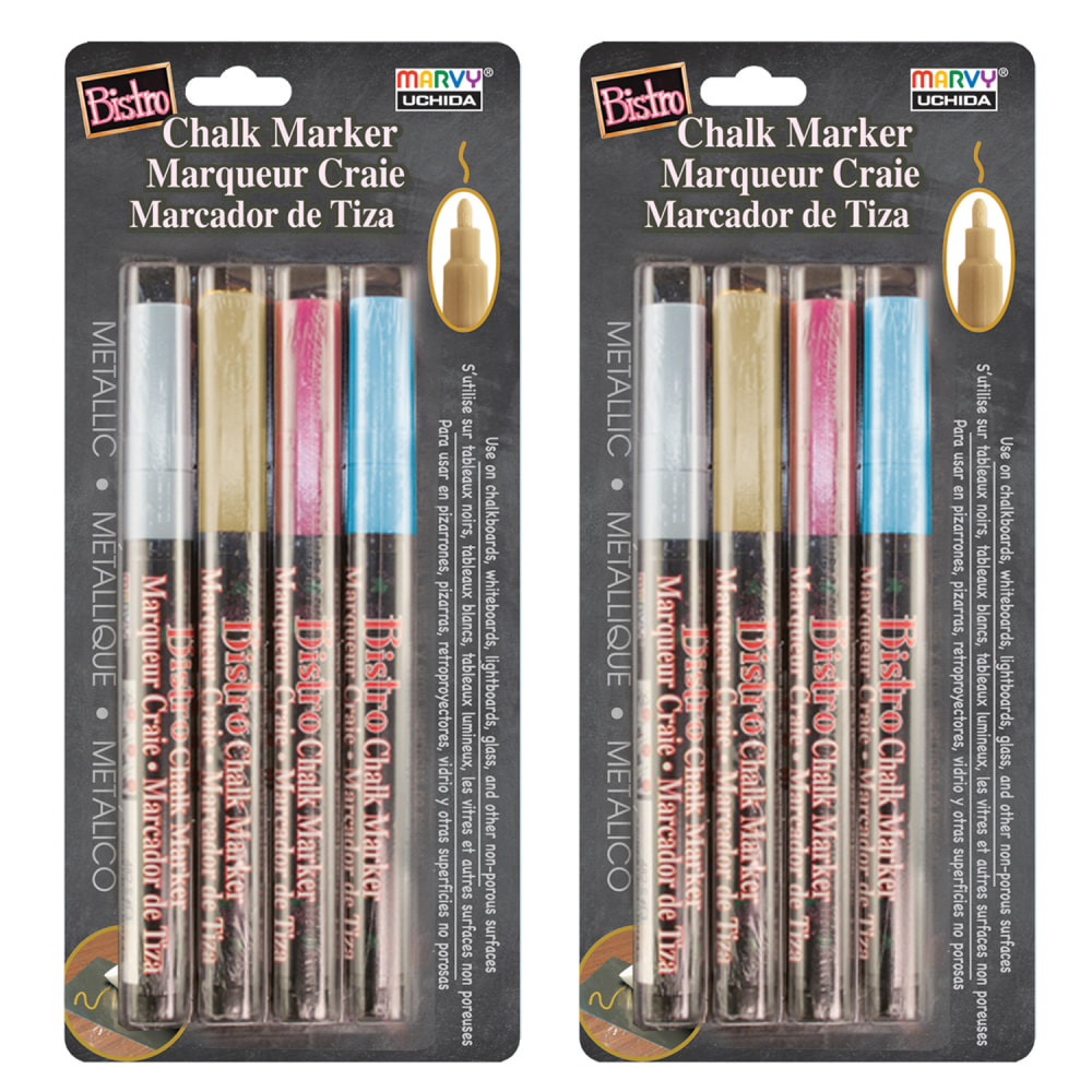 Marvy Uchida Bistro Chalk Markers, 8 Markers Total, Fine Tip, Metallic Colors, 4 Markers Per Pack, Set Of 2 Packs MPN:UCH4824M-2