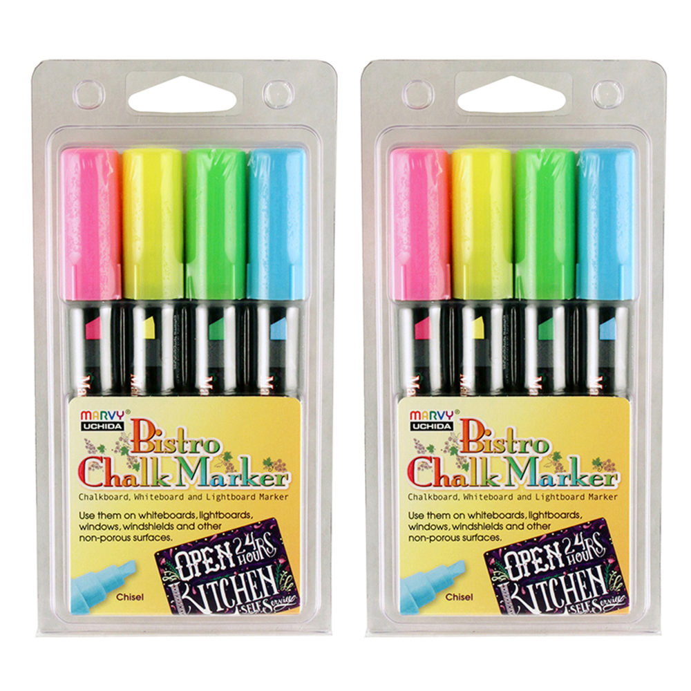 Marvy Uchida Bistro Chalk Markers, 8 Markers Total, Chisel Tip, Fluorescent Colors, 4 Markers Per Pack, Set Of 2 Packs MPN:UCH4834H-2