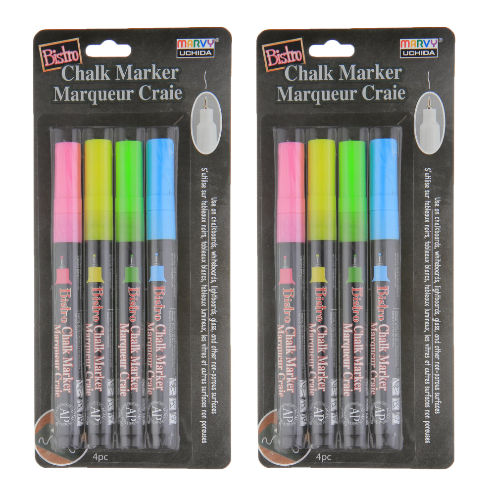Marvy Uchida Bistro Chalk Markers, 8 Markers Total, Extra Fine Tip, Fluorescent Colors, 4 Markers Per Set, Pack Of 2 Sets MPN:UCH4854A-2
