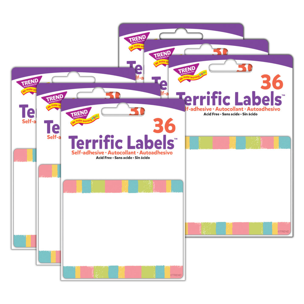 TREND Terrific Labels, T-68130-6, 3in x 2-1/2in, Cheerful Stripes, 36 Labels Per Pack, Bundle Of 6 Packs MPN:T-68130-6