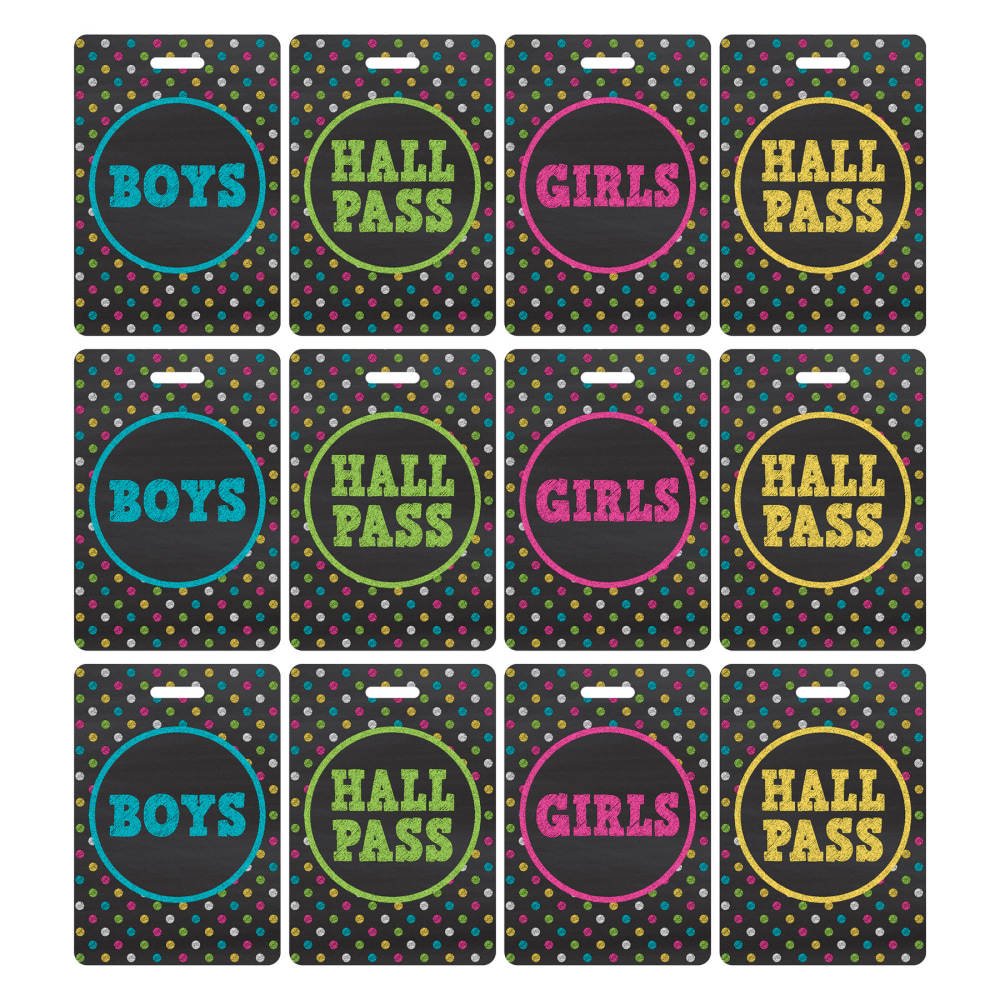 Teacher Created Resources Hall Passes With Lanyards, 16-1/2in, Chalkboard Brights, 4 Passes Per Pack, Bundle Of 3 Packs MPN:TCR20320-3