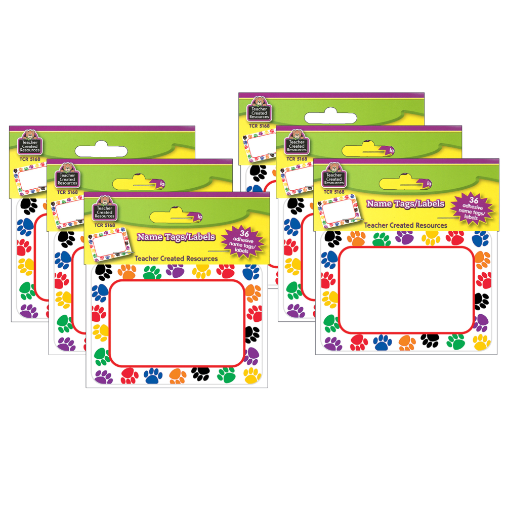 Teacher Created Materials Name Tags, Colorful Paw Prints, 2-1/2inH x 3-1/2inW, 36 Name Tags Per Pack, Set Of 6 Packs MPN:TCR5168-6
