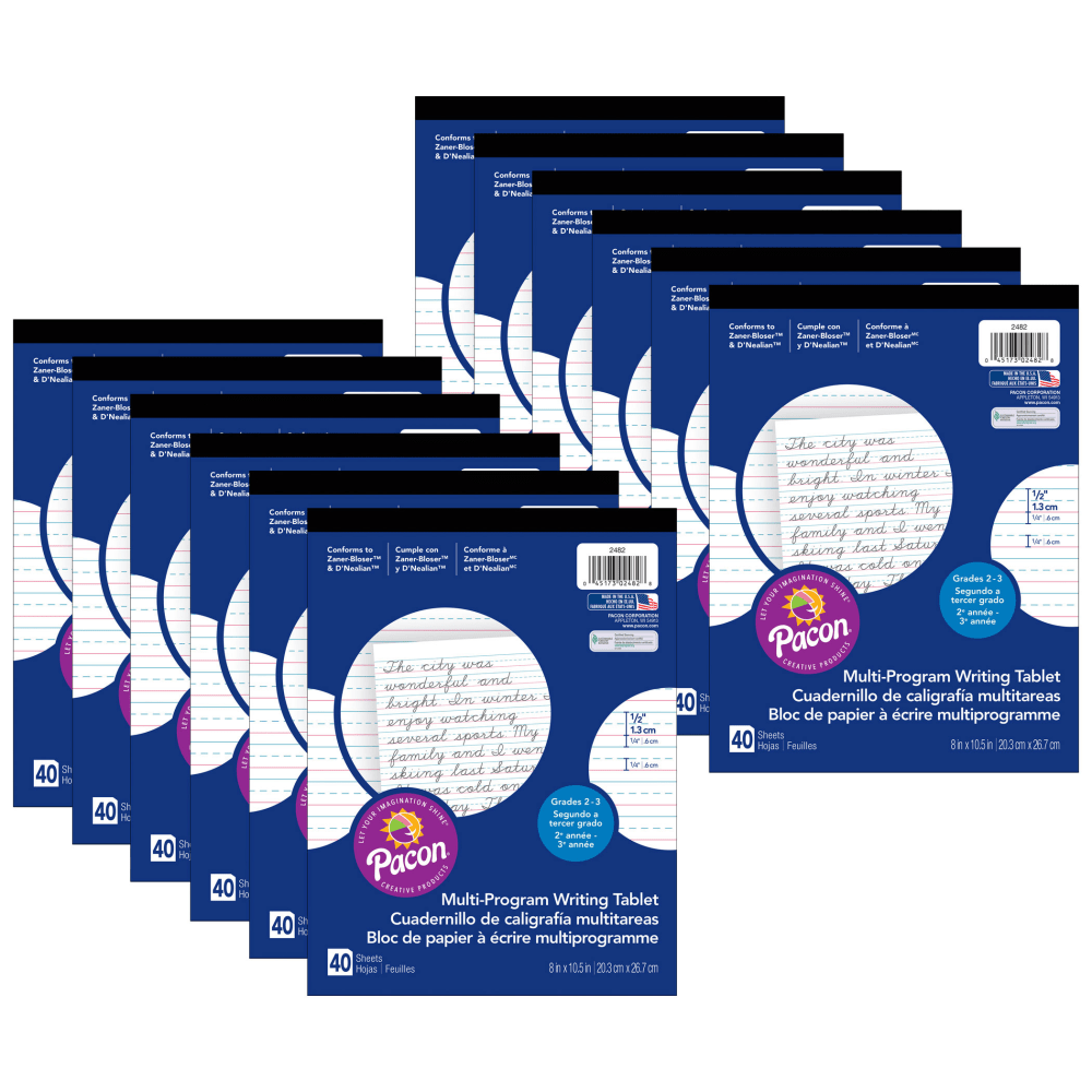 Pacon Multi-Program Vertical Handwriting Tablets, 1/2in Ruled, 8in x 10-1/2in, White, 40 Sheets Per Tablet, Set Of 12 Tablets MPN:PAC2482-12