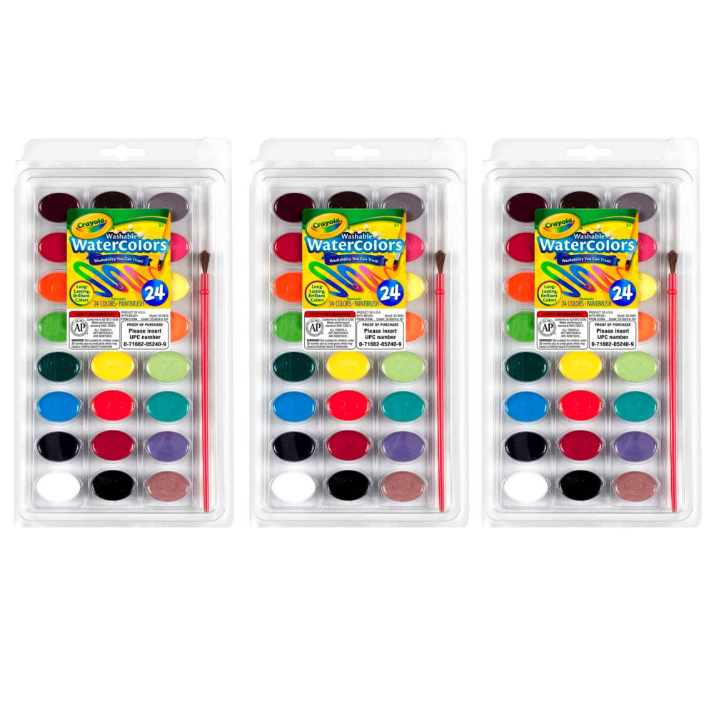 Crayola Semi-Moist Washable Watercolor Sets with Pan and Plastic Handled Brush, Disposable, Assorted Colors, Pack Of 3 Sets MPN:BIN530524-3
