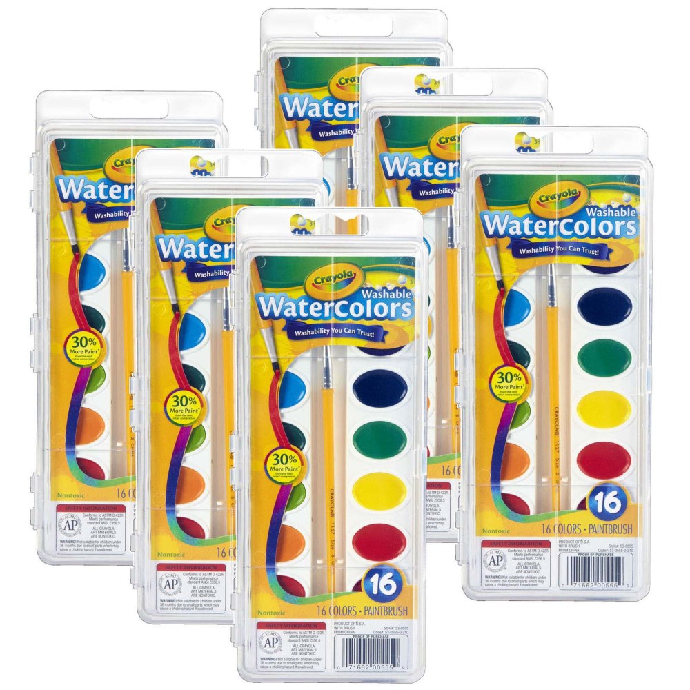 Crayola Watercolor Set, 1 Oz, Assorted Colors, 16 Paints Per Set, Pack Of 6 Sets MPN:BIN530555-6
