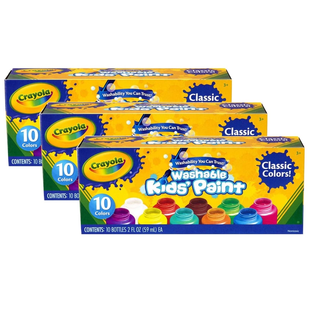 Crayola Washable Kids Paint, 2 Oz, Assorted Colors, 10 Colors Per Set, Pack Of 3 Sets MPN:BIN541205-3