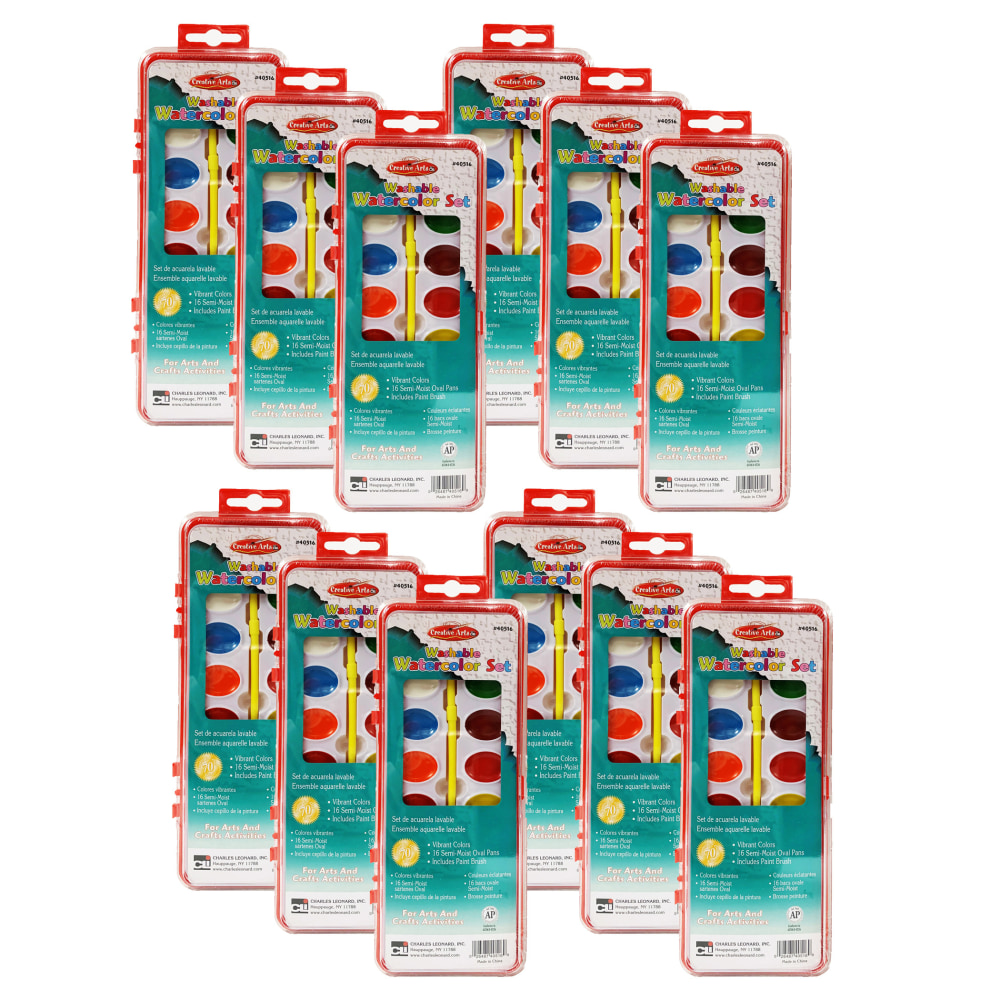 Charles Leonard Washable Watercolor Sets with Oval Pan and Brush, Disposable, Assorted Colors, Pack Of 12 Sets MPN:CHL40516-12