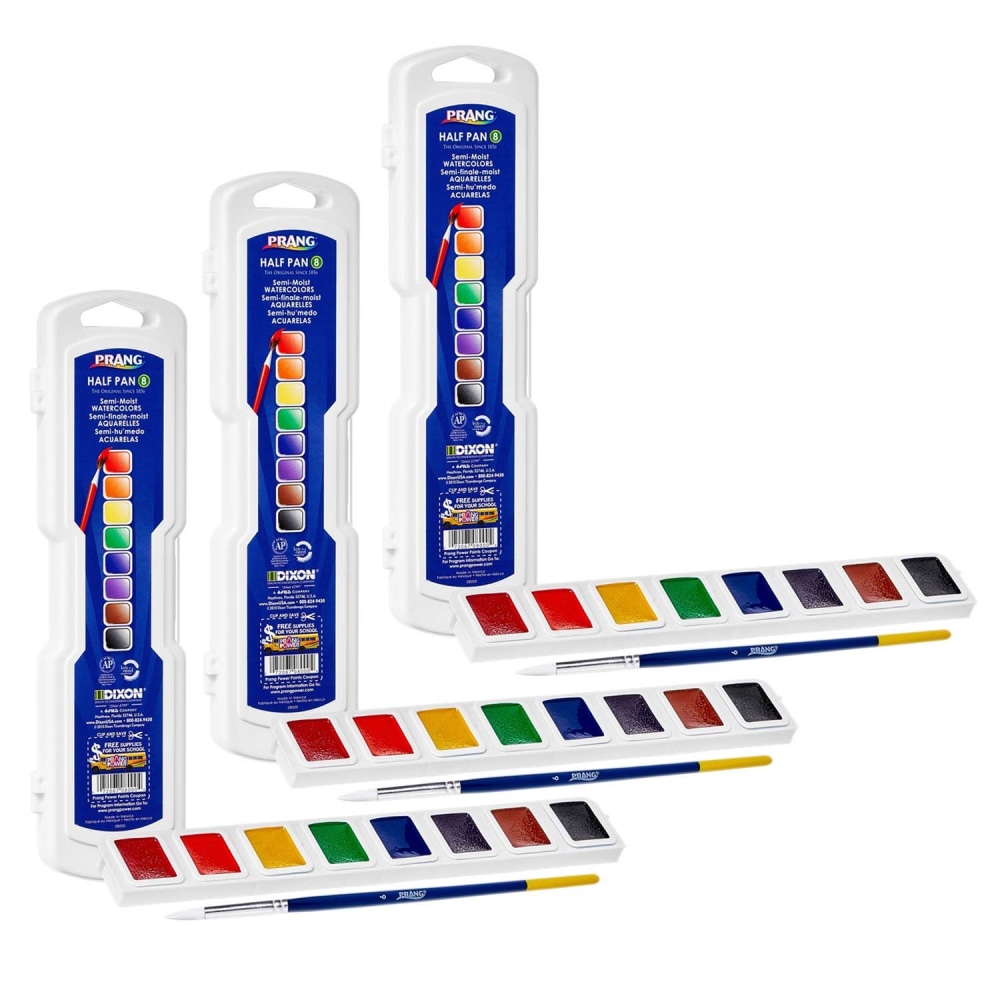 Prang Professional Watercolor 8-Color Half Pan and Brush Sets, Disposable, Assorted, Pack Of 3 Sets MPN:DIX08000-3
