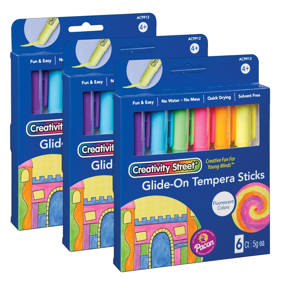 Creativity Street Glide-On Tempera Paint Sticks, 5 mL, Fluorescent, Pack Of 6 Sticks, Set Of 3 Packs MPN:PACAC9912-3
