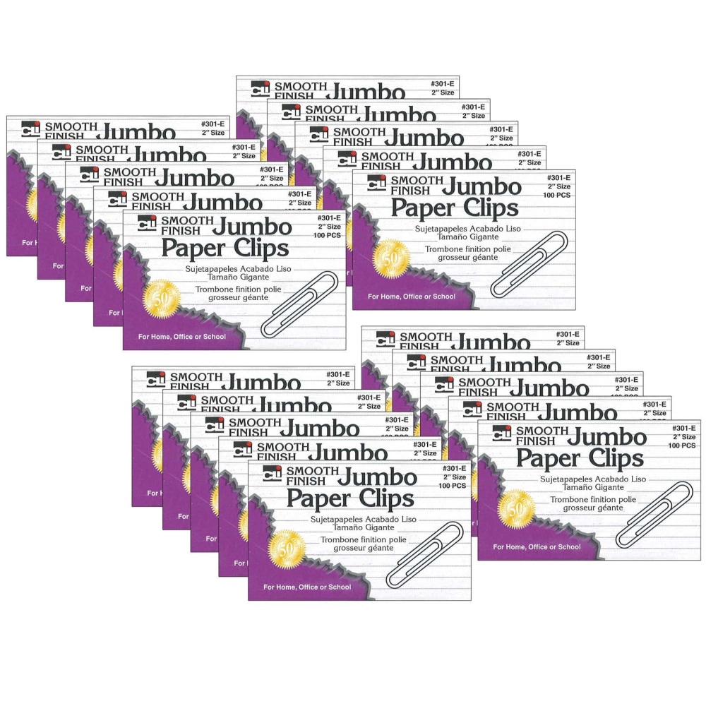 Charles Leonard Jumbo Gem Paper Clips, 100 Clips Per Box, Pack Of 20 Boxes, 2in, Silver, 2, 000 Clips MPN:CHL301E-2