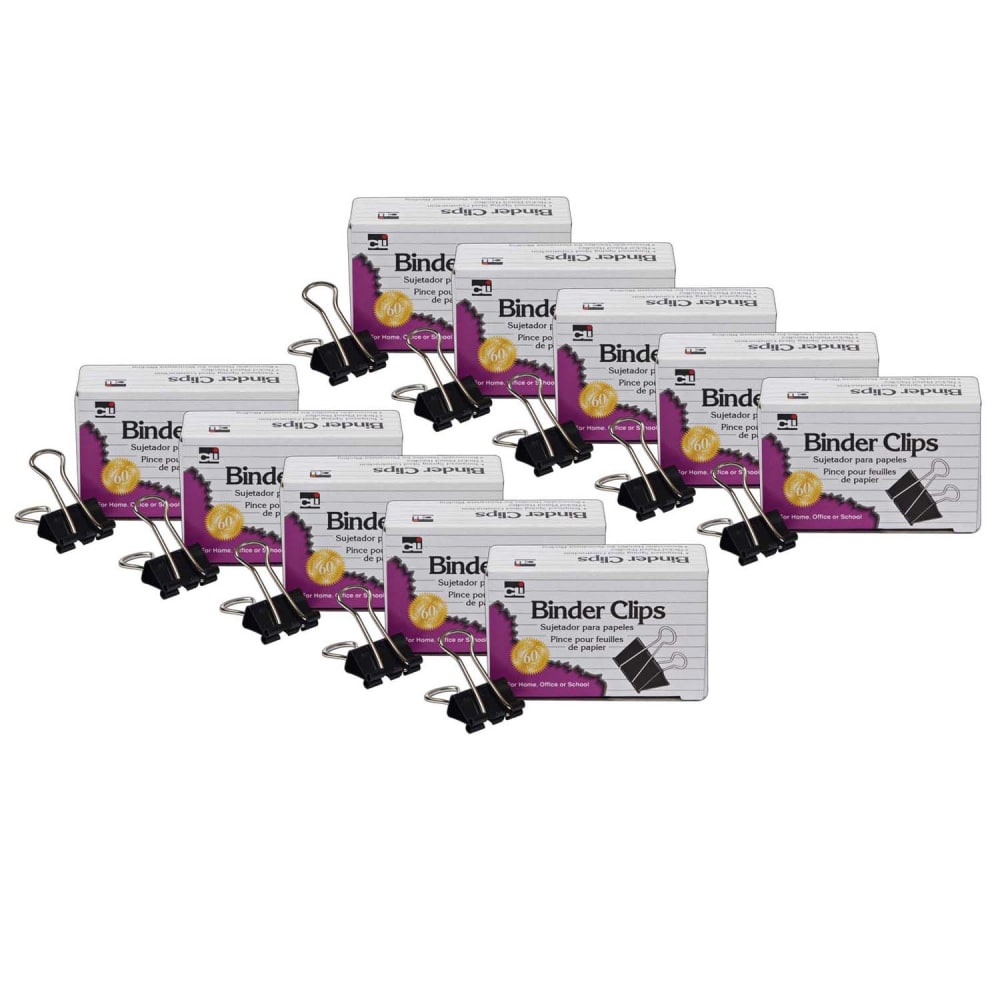 Charles Leonard Binder Clips, Large, 1in Capacity, Black/Silver, 12 Clips Per Box, Pack Of 10 Boxes MPN:CHLBC10-10