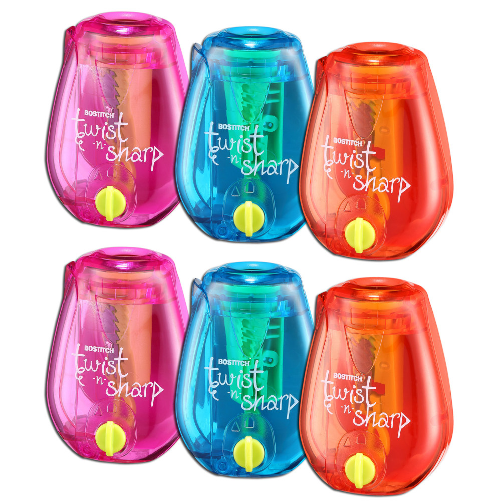 Bostitch Twist-N-Sharp Kids' 1-Hole Pencil Sharpeners, Assorted Colors, Pack Of 6 Sharpeners MPN:BOSPS1ADJ-6