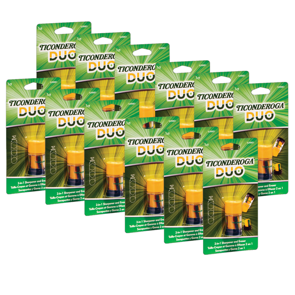 Ticonderoga Duo Manual Pencil Sharpeners/Erasers, Green/Yellow, Pack Of 12 Sharpeners/Erasers MPN:DIX39001-12