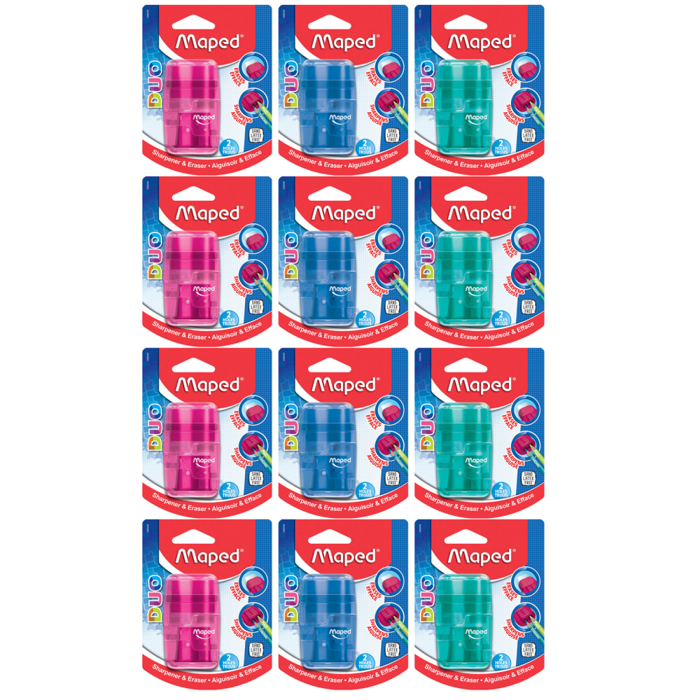 Maped Connect DUO 2 Hole Sharpener / Eraser Combo, Assorted Colors, Pack Of 12 MPN:MAP049249-12