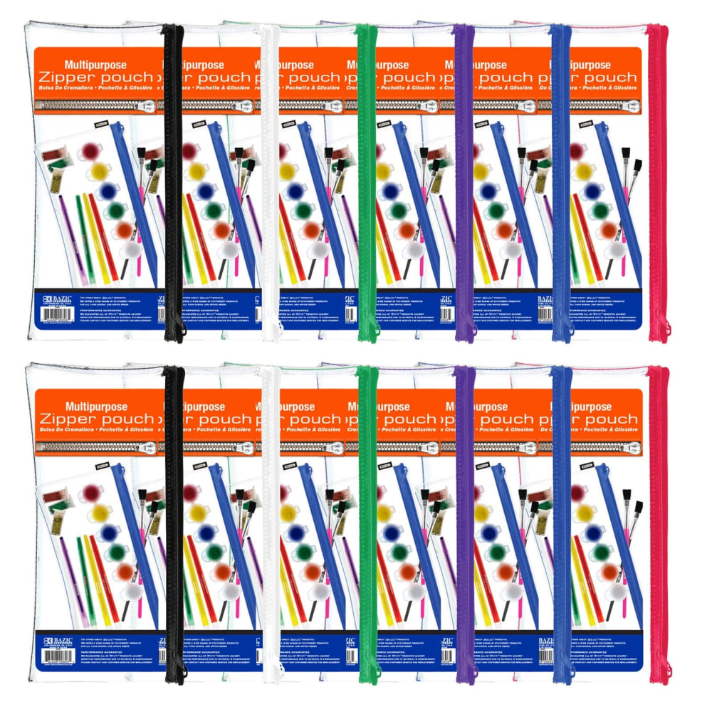 BAZIC Products Multipurpose Clear Zipper Pouches, 11in x 5in, Assorted Colors, Pack Of 12 Pouches MPN:BAZ806-12